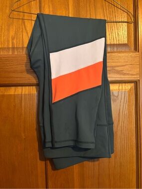 Zyia- Colorblock Athletic Leggings in Teal with White & Orange Panel